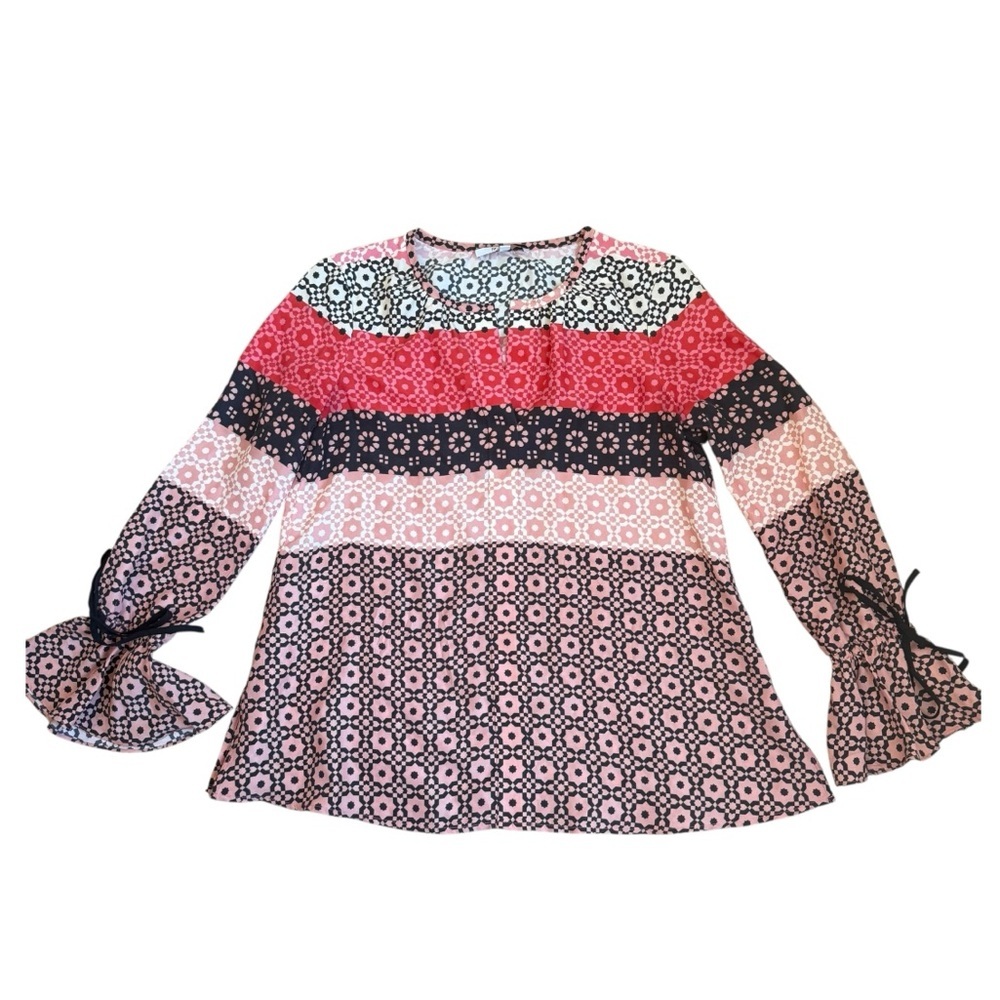 10 Crosby Derek Lam Pink Black Red Floral-Striped Bell Sleeve Blouse